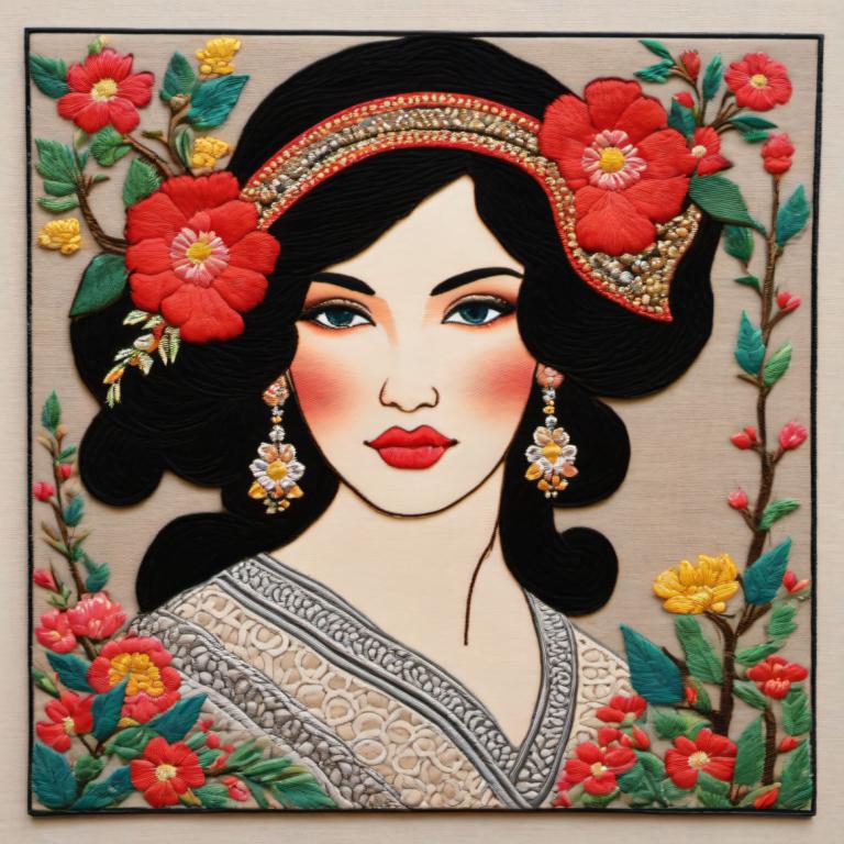 Embroidery Art,Embroidery Art, People, woman, 1girl, solo, flower, jewelry, earrings, black hair