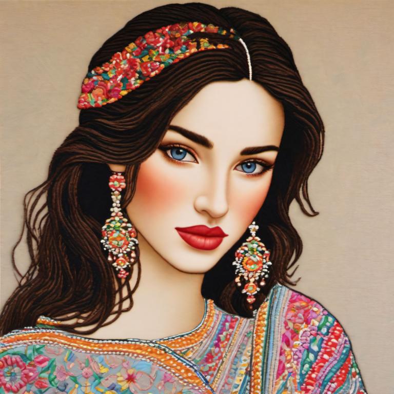 Embroidery Art,Embroidery Art, People, woman, 1girl, solo, earrings, blue eyes, jewelry, long hair