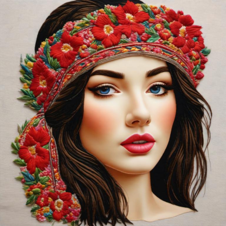 Embroidery Art,Embroidery Art, People, woman, 1girl, solo, blue eyes, flower, brown hair, portrait