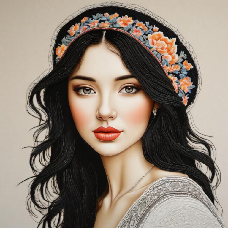 Embroidery Art,Embroidery Art, People, woman, 1girl, solo, black hair, jewelry, long hair, flower, earrings