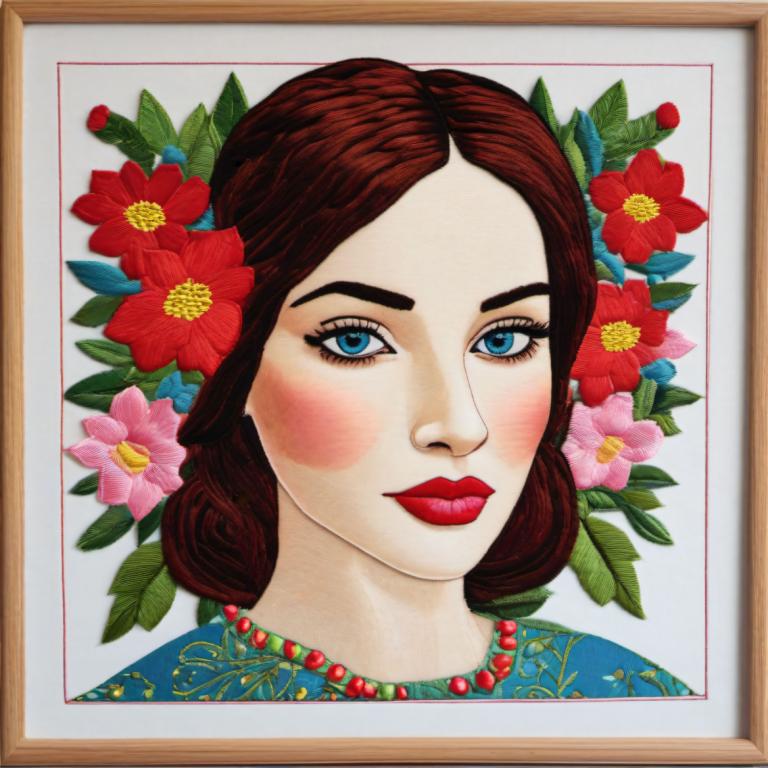 Embroidery Art,Embroidery Art, People, woman, 1girl, solo, flower, blue eyes, necklace, brown hair, makeup