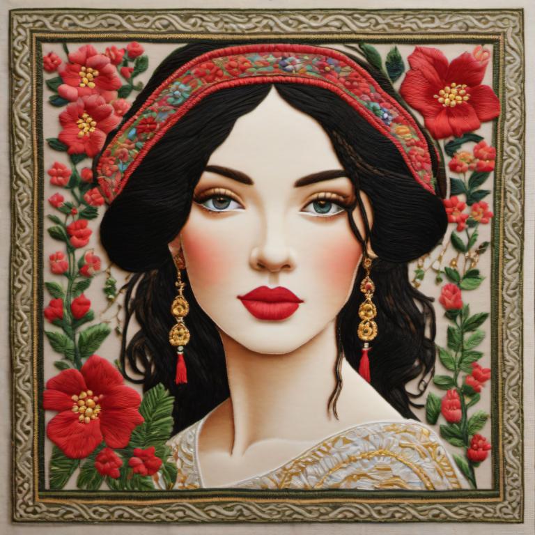 Embroidery Art,Embroidery Art, People, woman, 1girl, earrings, solo, jewelry, flower, black hair, portrait