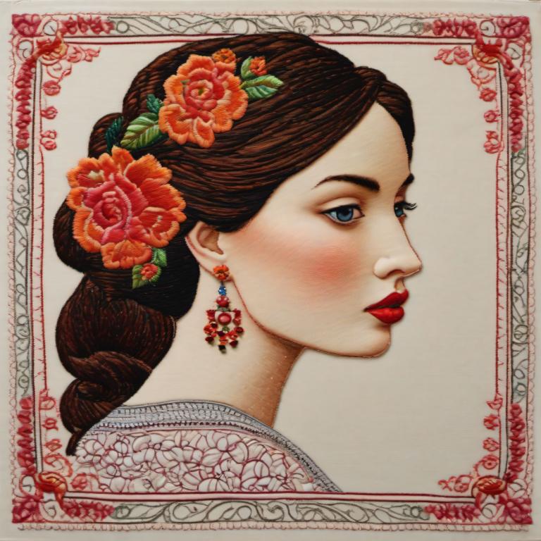 Embroidery Art,Embroidery Art, People, woman, 1girl, solo, earrings, jewelry, flower, hair ornament