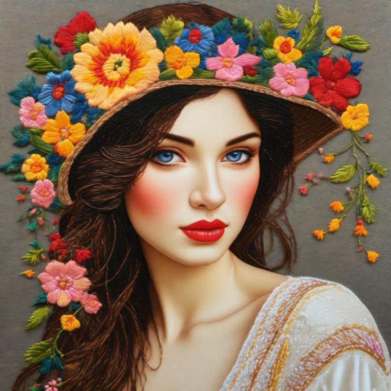 Embroidery Art,Embroidery Art, People, woman, 1girl, solo, blue eyes, flower, hat, brown hair, long hair