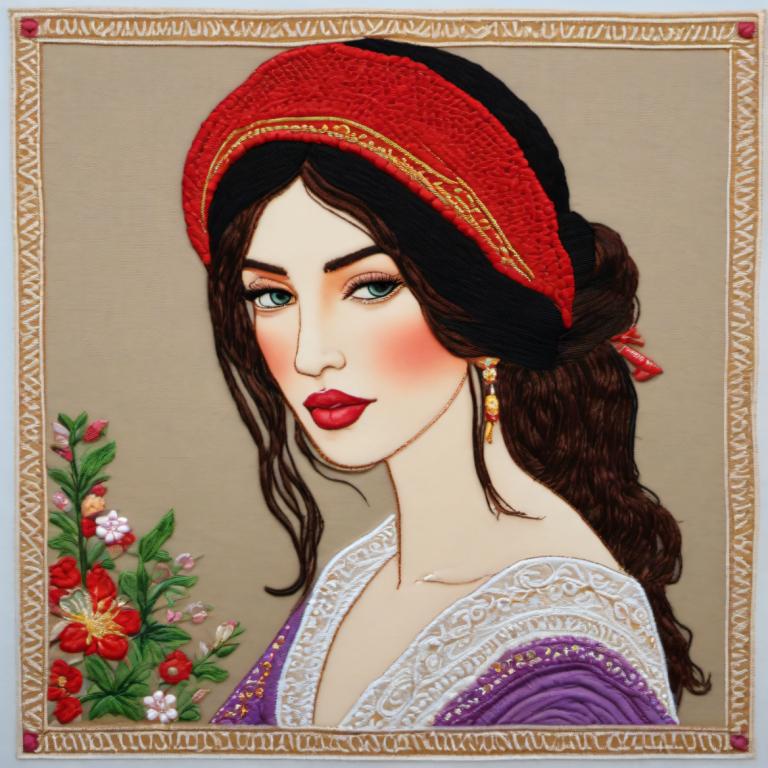 Embroidery Art,Embroidery Art, People, woman, 1girl, solo, flower, jewelry, earrings, brown hair, makeup