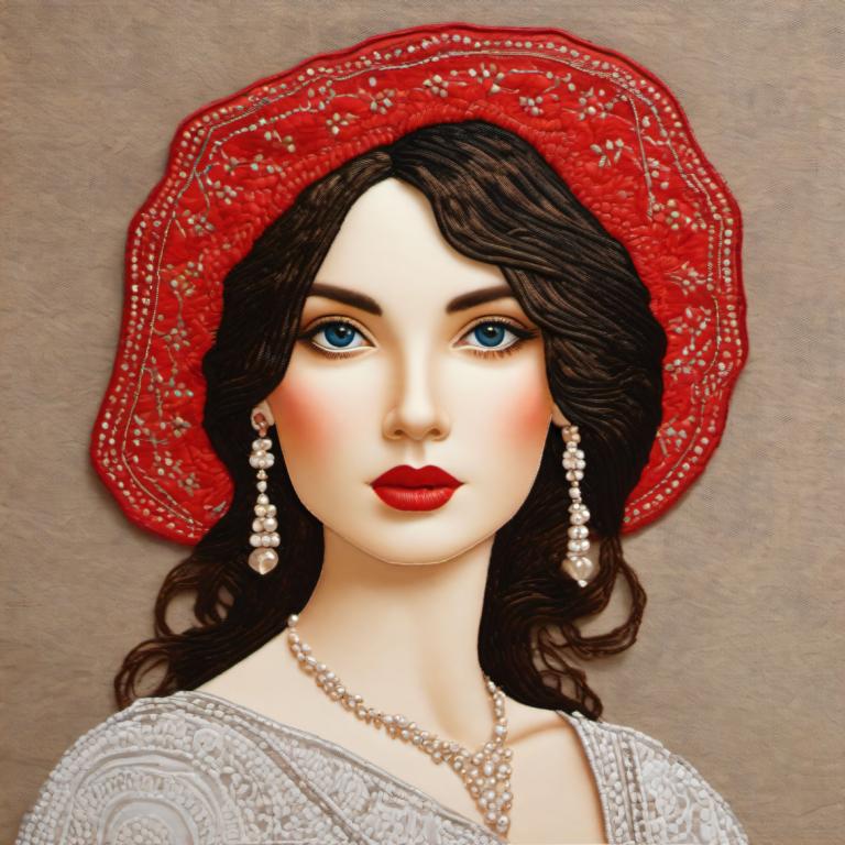 Embroidery Art,Embroidery Art, People, woman, 1girl, jewelry, solo, earrings, blue eyes, necklace, hat