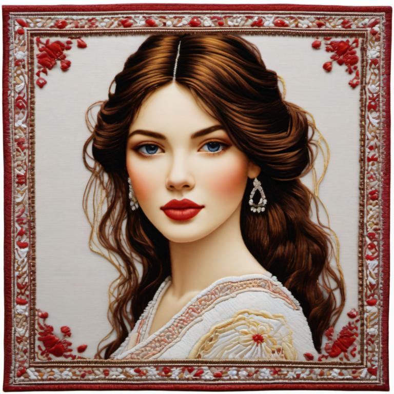 Embroidery Art,Embroidery Art, People, woman, 1girl, solo, jewelry, earrings, blue eyes, brown hair