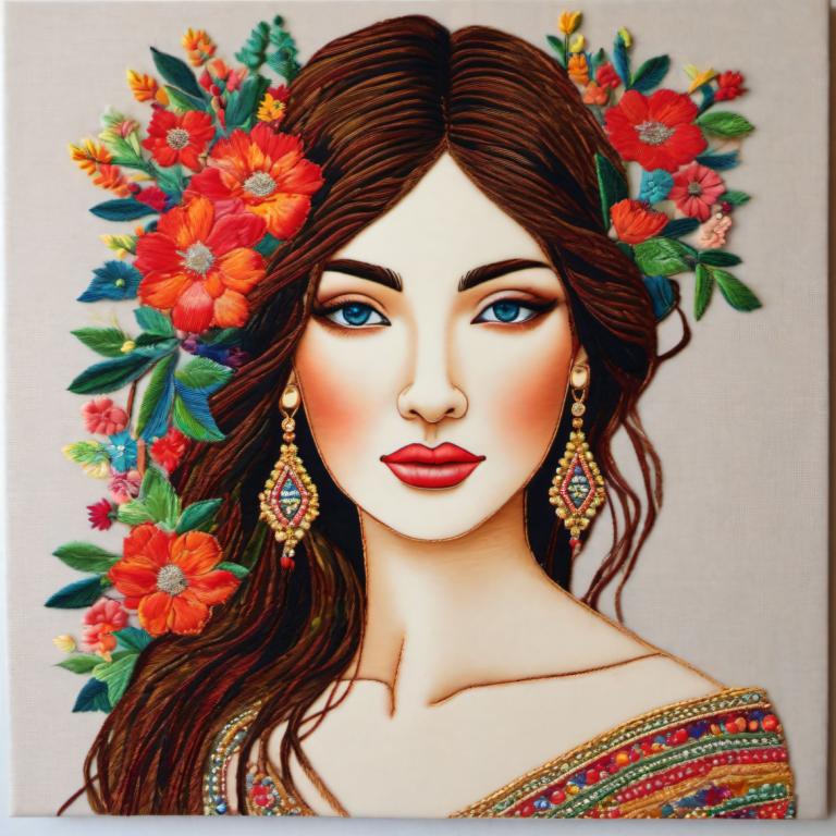 Embroidery Art,Embroidery Art, People, woman, 1girl, solo, earrings, flower, jewelry, brown hair, blue eyes