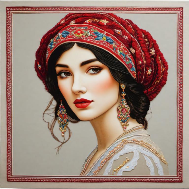 Broderie Art,Broderie Art, Oameni, femeie, 1 fata, solo, Bijuterii, cercei, brunet, portret, ochi caprui