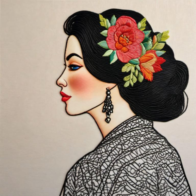 Embroidery Art,Embroidery Art, People, woman, 1girl, solo, jewelry, earrings, flower, hair ornament