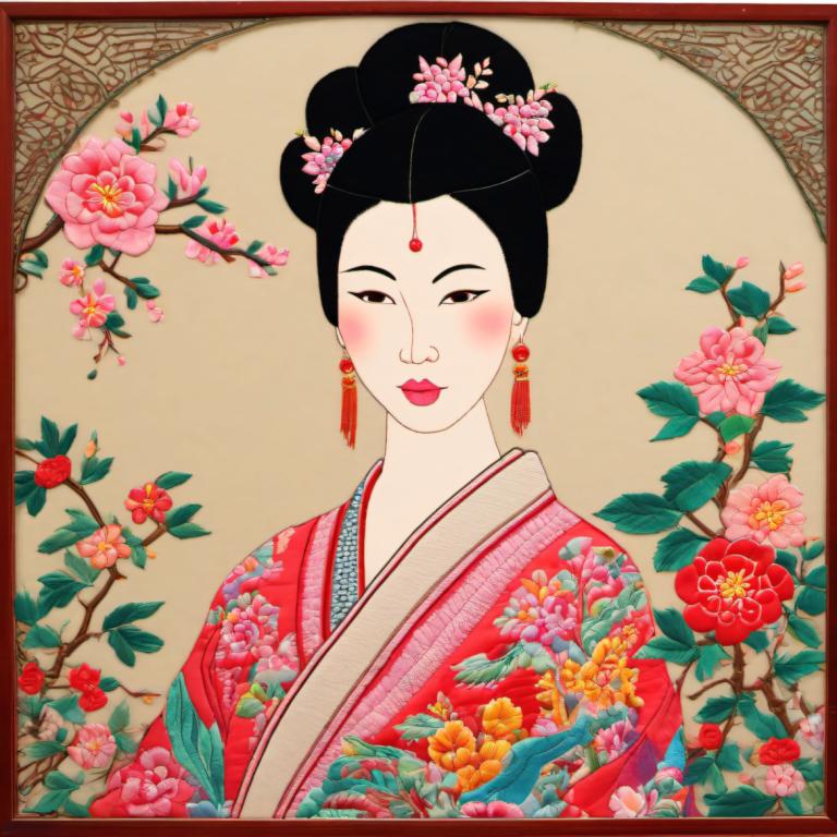 Embroidery Art,Embroidery Art, People, chinese woman, 1girl, solo, flower, hair ornament, japanese clothes