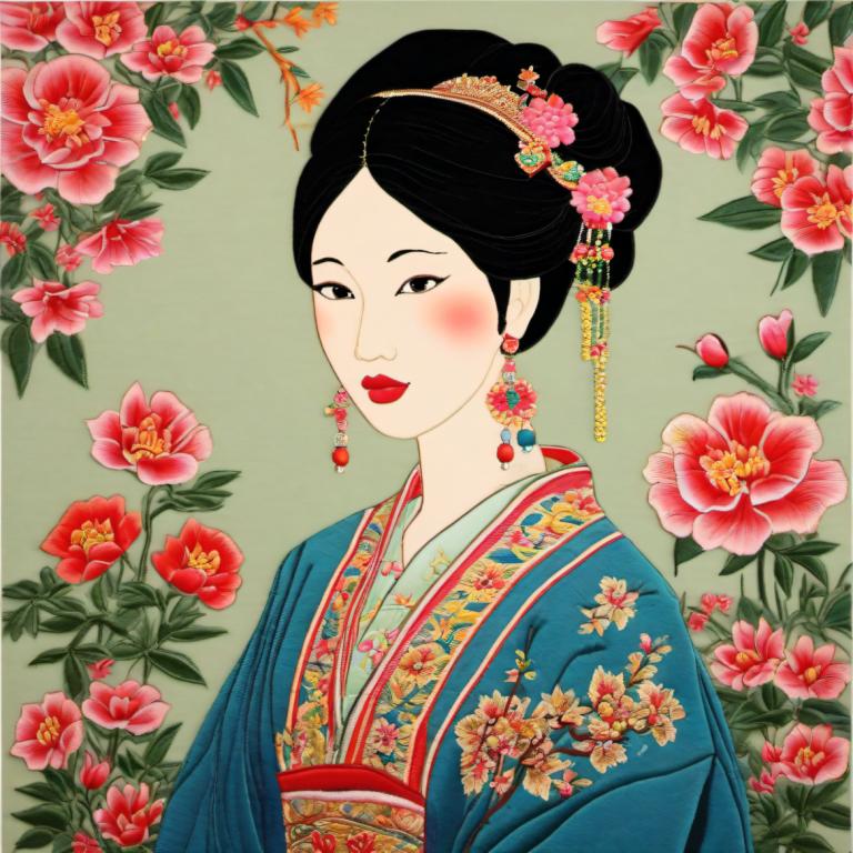 Embroidery Art,Embroidery Art, People, chinese woman, 1girl, solo, flower, black hair, japanese clothes