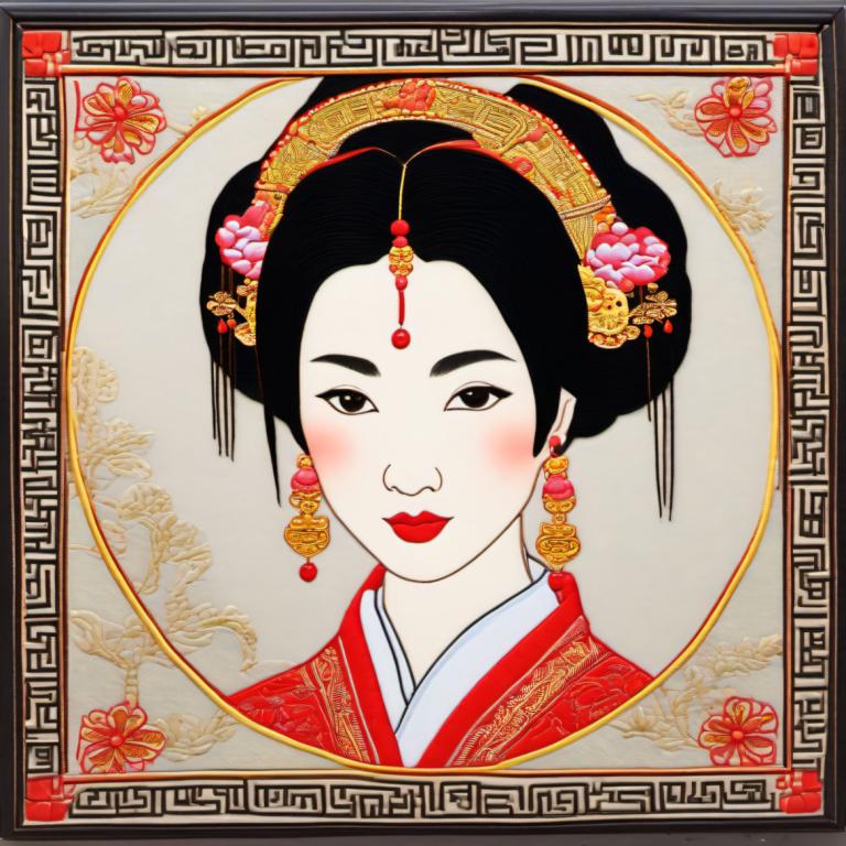 Embroidery Art,Embroidery Art, People, chinese woman, 1girl, solo, black hair, hair ornament, portrait, blush