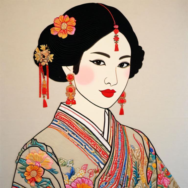 Embroidery Art,Embroidery Art, People, chinese woman, 1girl, solo, black hair, hair ornament, earrings