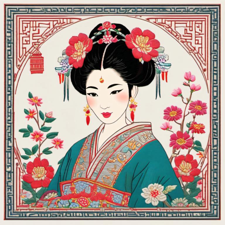 Embroidery Art,Embroidery Art, People, chinese woman, 1girl, flower, solo, hair ornament, earrings, jewelry