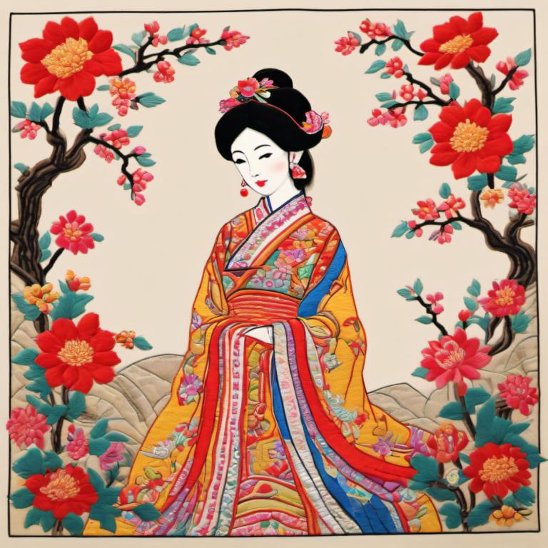 Embroidery Art,Embroidery Art, People, chinese woman, 1girl, solo, japanese clothes, flower, kimono