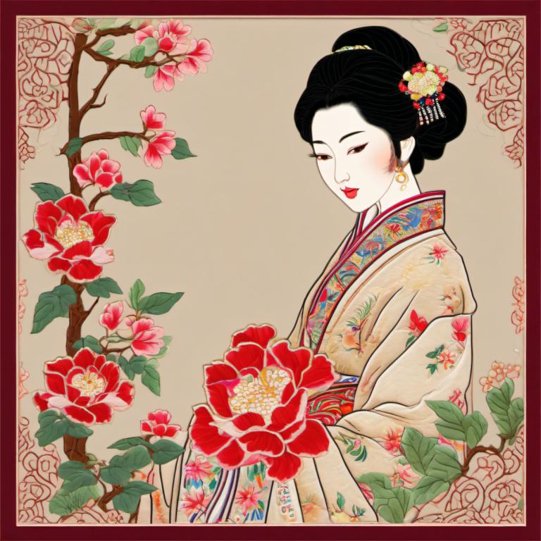 Embroidery Art,Embroidery Art, People, chinese woman, 1girl, solo, japanese clothes, kimono, flower