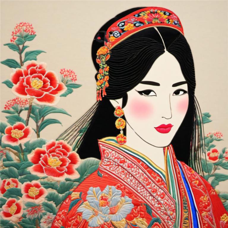 Embroidery Art,Embroidery Art, People, chinese woman, 1girl, solo, flower, black hair, earrings, jewelry