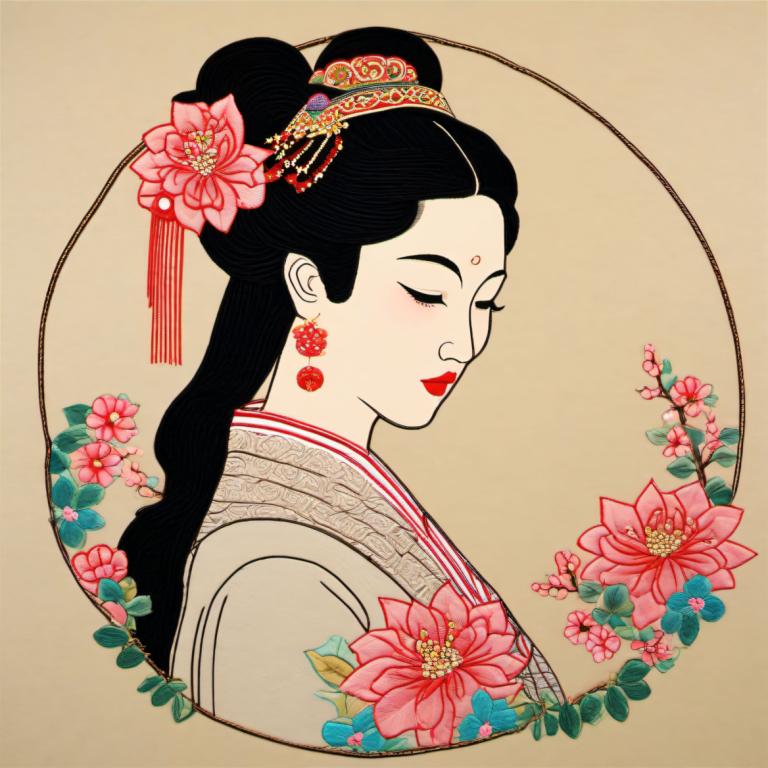 Embroidery Art,Embroidery Art, People, chinese woman, 1girl, solo, flower, black hair, jewelry, hair ornament