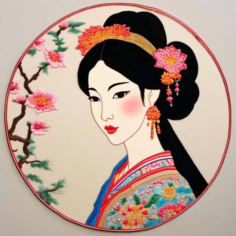 Embroidery Art,Embroidery Art, People, chinese woman, 1girl, solo, flower, hair ornament, black hair, blush