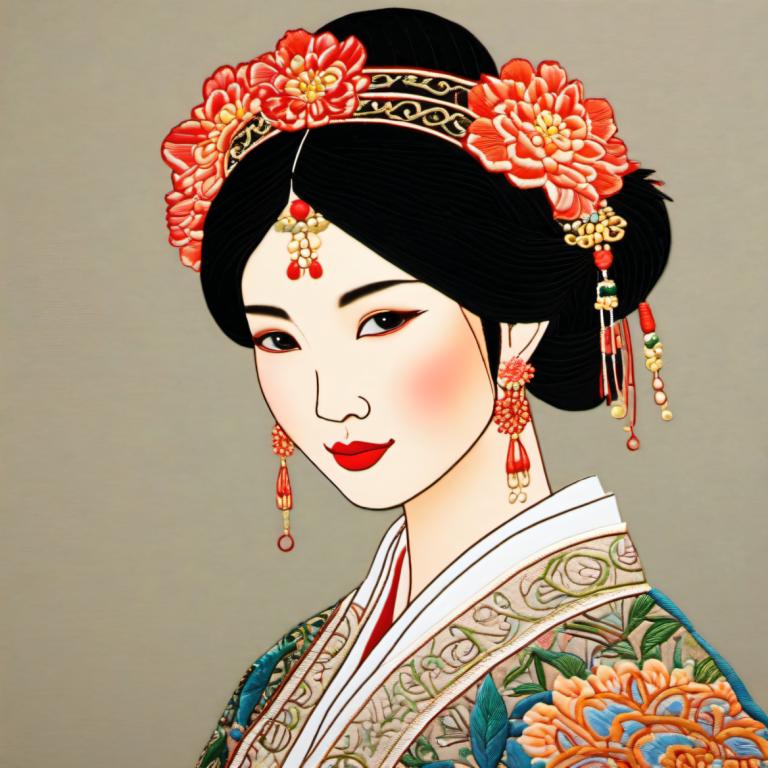 Embroidery Art,Embroidery Art, People, chinese woman, 1girl, solo, hair ornament, black hair, flower, jewelry