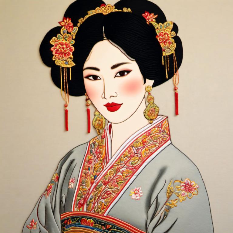 Embroidery Art,Embroidery Art, People, chinese woman, 1girl, solo, earrings, jewelry, hair ornament