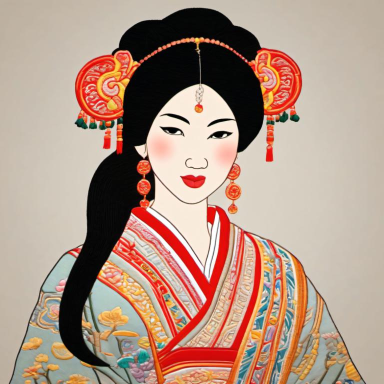 Embroidery Art,Embroidery Art, People, chinese woman, 1girl, solo, black hair, jewelry, black eyes