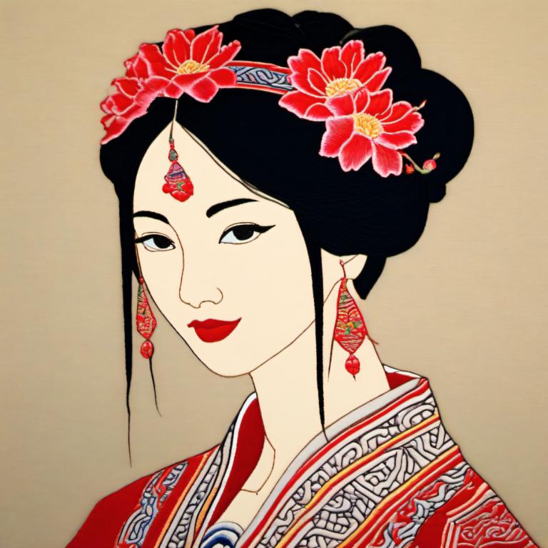 Embroidery Art,Embroidery Art, People, chinese woman, 1girl, solo, jewelry, earrings, flower, black hair