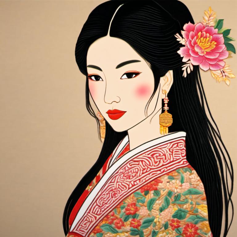 Embroidery Art,Embroidery Art, People, chinese woman, 1girl, solo, flower, jewelry, earrings, black hair