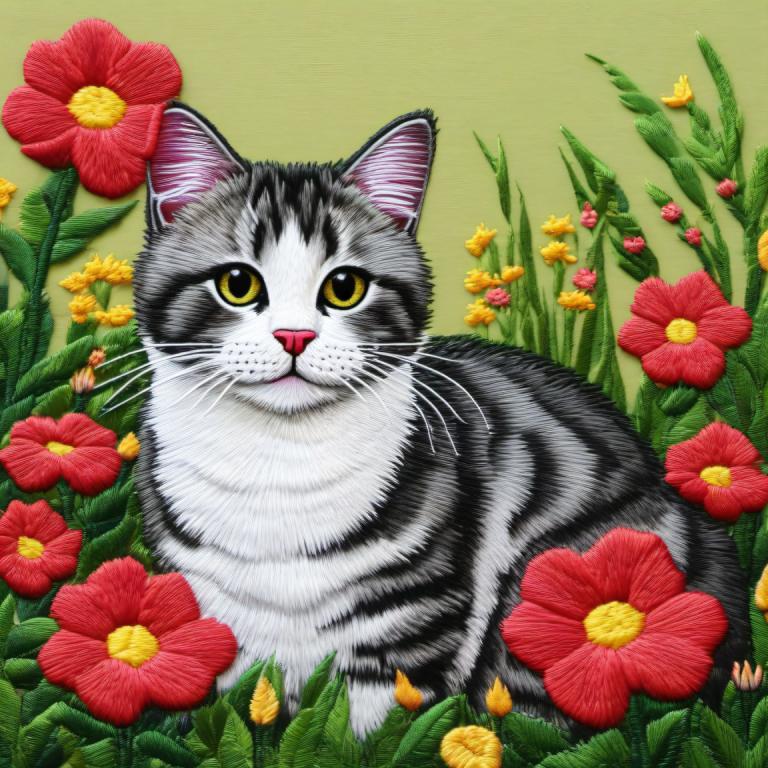 Embroidery Art,Embroidery Art, Animal, cat, no humans, flower, cat, animal focus, yellow eyes, red flower