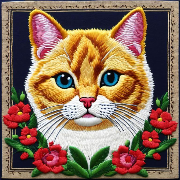 Embroidery Art,Embroidery Art, Animal, cat, no humans, flower, blue eyes, animal focus, cat