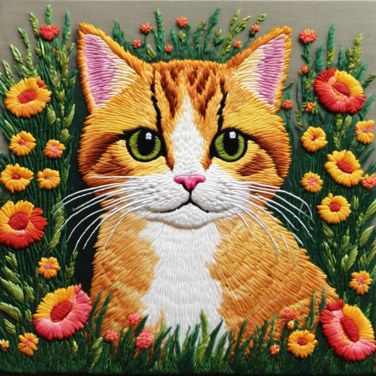 刺繍アート,刺繍アート, 動物, 猫, 人間がいない, 花, 猫, 動物の焦点, 視聴者を見ている, 緑の目, オレンジ色の花, 黄色い花, 灰色の背景, 動物, 現実的な, 草, ソロ