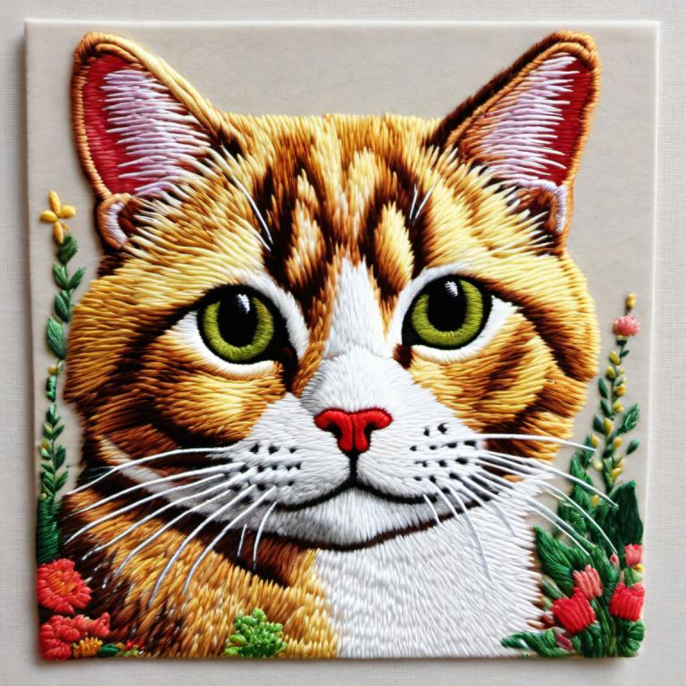 刺繍アート,刺繍アート, 動物, 猫, 人間がいない, 猫, 従来のメディア, 花, 動物の焦点, 緑の目, 視聴者を見ている, 動物