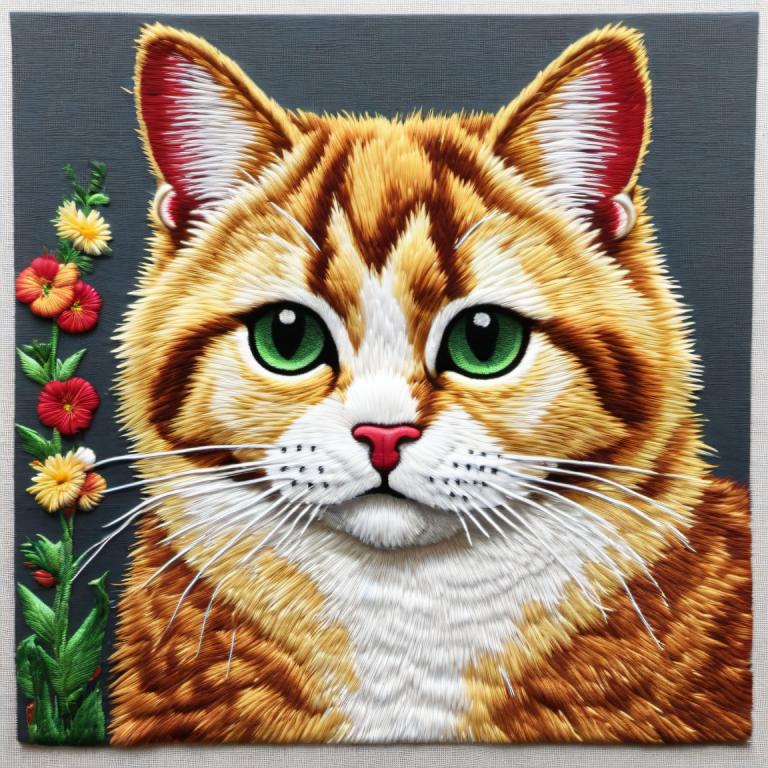 Embroidery Art,Embroidery Art, Animal, cat, no humans, flower, green eyes, cat, animal focus