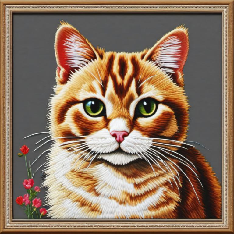 Embroidery Art,Embroidery Art, Animal, cat, no humans, flower, cat, animal focus, green eyes