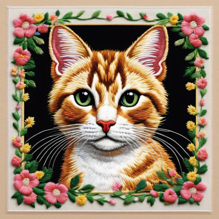 Embroidery Art,Embroidery Art, Animal, cat, no humans, flower, animal focus, cat, green eyes, yellow flower