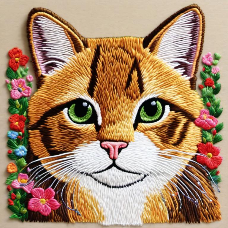 刺繍アート,刺繍アート, 動物, 猫, 人間がいない, 花, 動物の焦点, 緑の目, 猫, 視聴者を見ている, 従来のメディア, 動物, オレンジ色の花, シンプルな背景, ピンクの花, ひげ