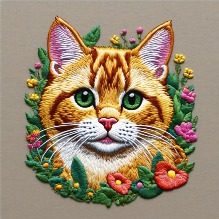 Embroidery Art,Embroidery Art, Animal, cat, no humans, flower, animal focus, green eyes, cat, grey background