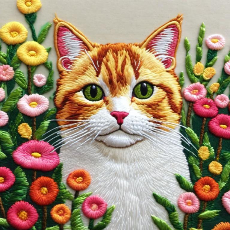 Embroidery Art,Embroidery Art, Animal, cat, no humans, flower, cat, animal focus, green eyes, orange flower