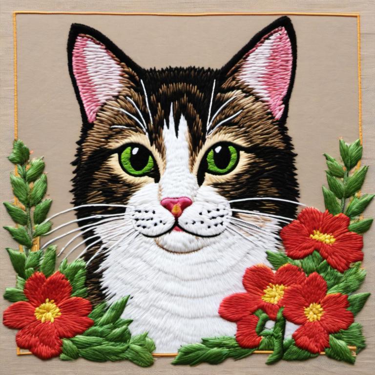 刺繍アート,刺繍アート, 動物, 猫, 人間がいない, 花, 動物の焦点, 緑の目, 猫, 従来のメディア, 視聴者を見ている, 赤い花, 動物, ひげ, シンプルな背景