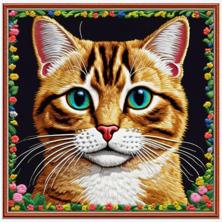 Embroidery Art,Embroidery Art, Animal, cat, no humans, animal focus, cat, flower, looking at viewer