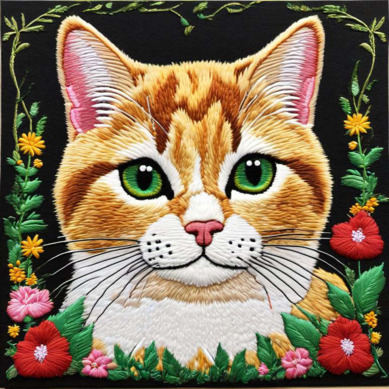 Embroidery Art,Embroidery Art, Animal, cat, no humans, flower, animal focus, cat, green eyes