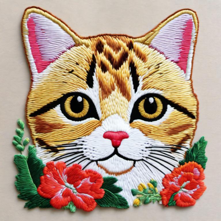 刺繍アート,刺繍アート, 動物, 猫, 人間がいない, 花, 動物の焦点, 猫, 従来のメディア, 赤い花, 視聴者を見ている, 黄色い目, シンプルな背景, 動物