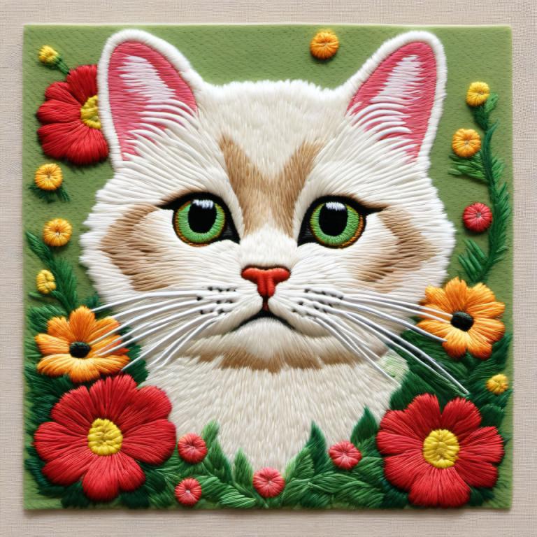 Arte del bordado,Arte del bordado, Animal, gato, no humanos, flor, enfoque animal, gato, flor naranja