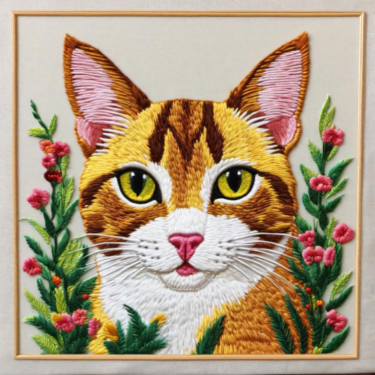 Broderi Art,Broderi Art, Djur, katt, inga människor, traditionella medier, djurfokus, blomma