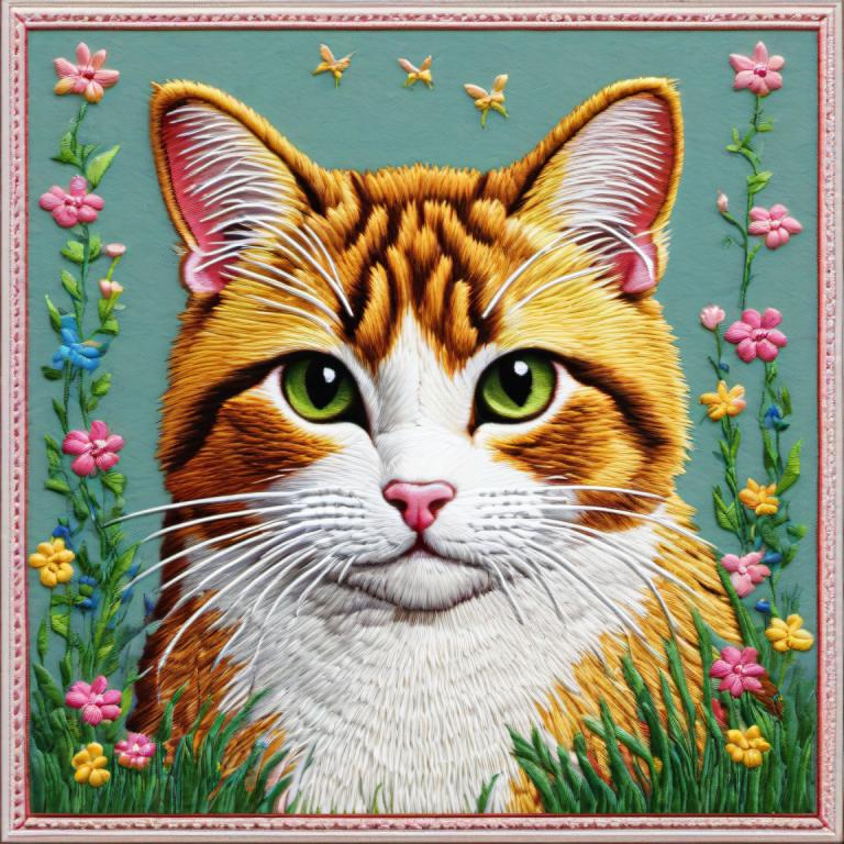 Embroidery Art,Embroidery Art, Animal, cat, no humans, flower, animal focus, green eyes, animal