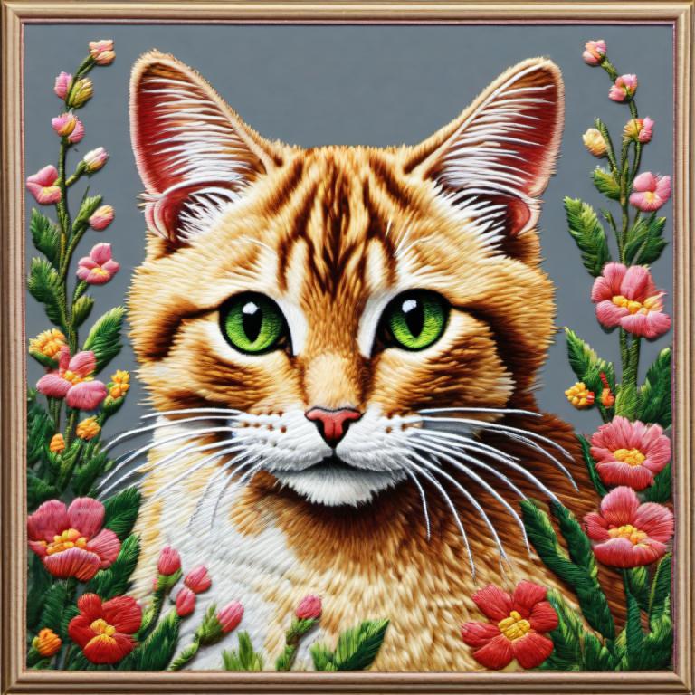 Arte del bordado,Arte del bordado, Animal, gato, no humanos, flor, ojos verdes, gato, enfoque animal