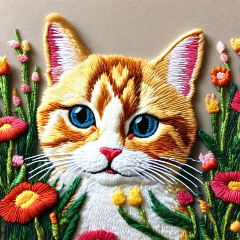 Embroidery Art,Embroidery Art, Animal, cat, no humans, flower, cat, animal focus, blue eyes, whiskers