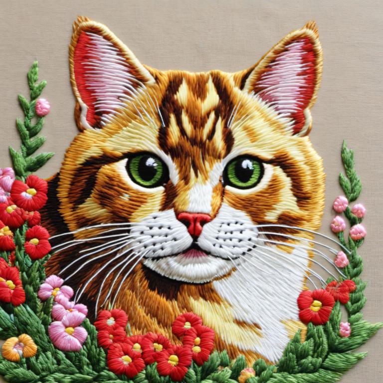 Broderi Art,Broderi Art, Dyr, kat, ingen mennesker, blomst, grønne øjne, fokus på dyr, ser på seeren, kat