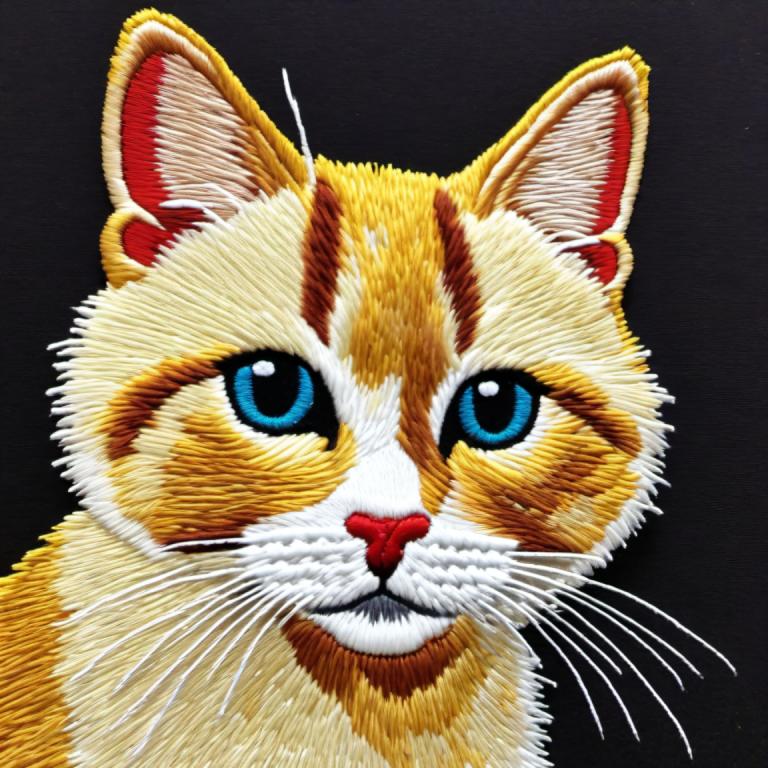 Embroidery Art,Embroidery Art, Animal, cat, no humans, animal focus, cat, blue eyes, animal, black background